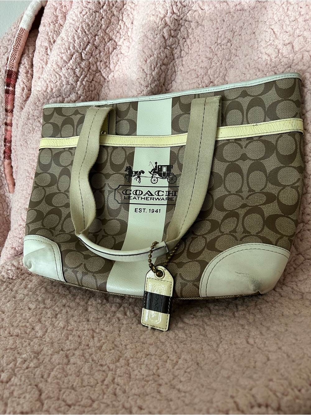 Coach Canvas Signature Stripe Tote in Brown and Cream with Pale Yellow Trim - Picture 2 of 6